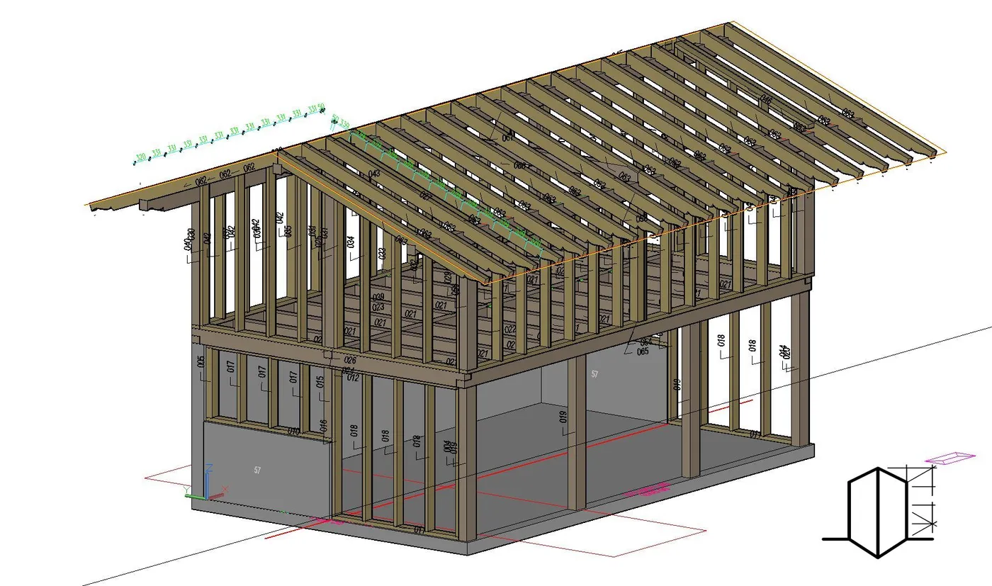 3D-Modell einer Garage in Holzrahmenbauweise mit sichtbarer Sparrenlage