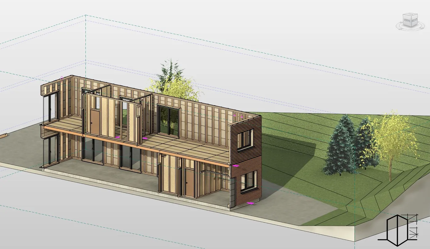 3D-Konstruktionsmodell eines zweigeschossigen Wohnhauses in Holzbauweise