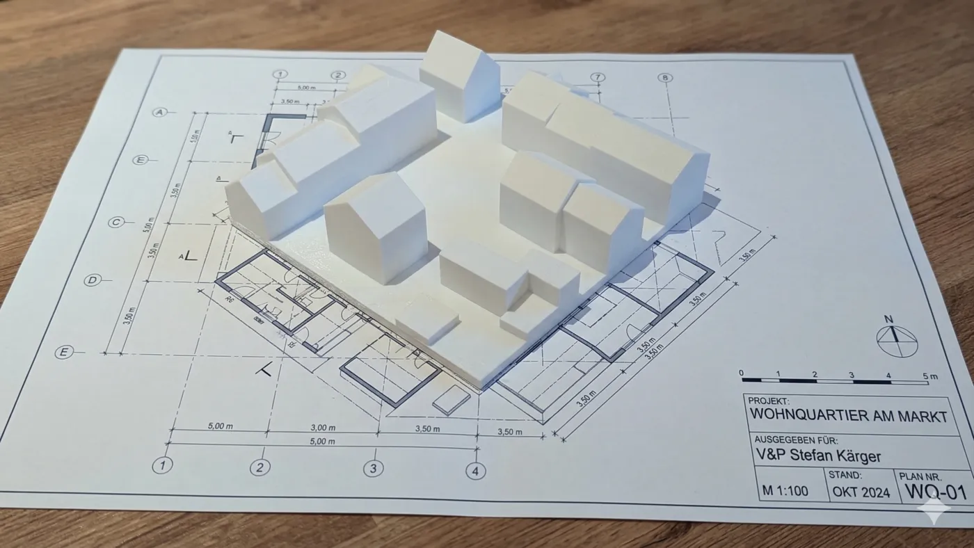 Weißes 3D-gedrucktes Massenmodell eines Wohnquartiers auf dem Lageplan
