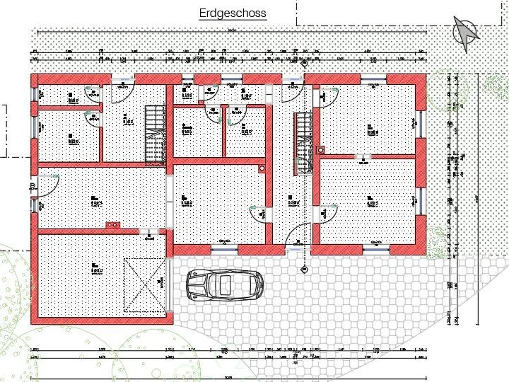 Bemaßter Grundriss eines Erdgeschosses als Ausführungsplan