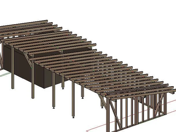 Planblatt der Überdachung mit Konstruktionsdetails und 3D-Ansicht